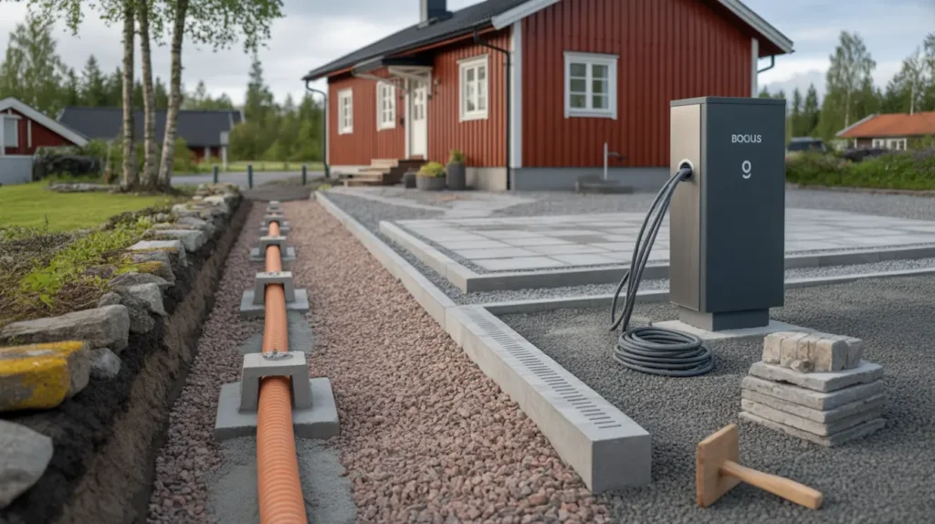 elbilsladdare p uppfarten f rbered kabelr r fundament och stenl ggning som t l belastning