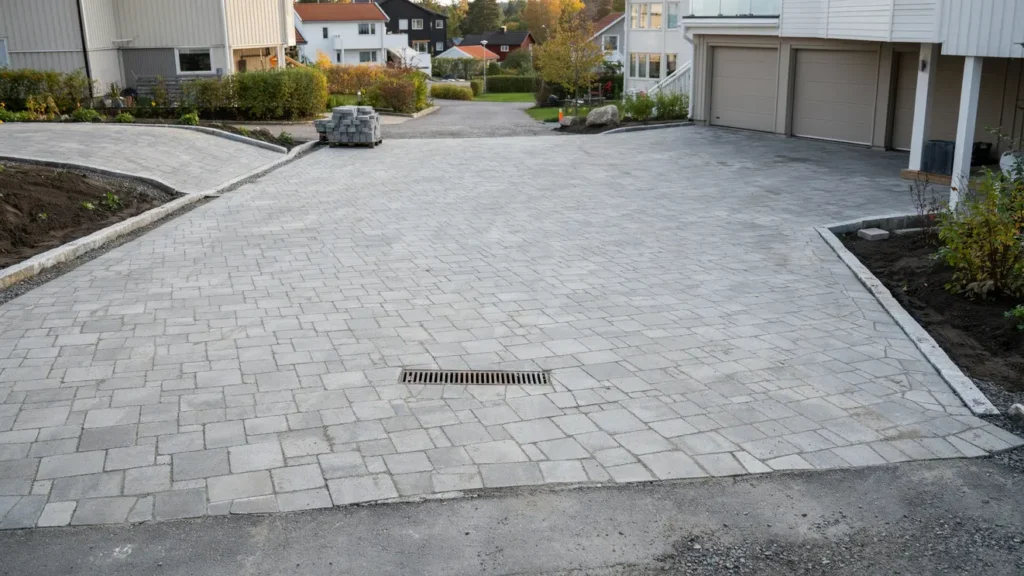 stenl ggning av garageuppfart med dagvattenbrunn i runby v sby